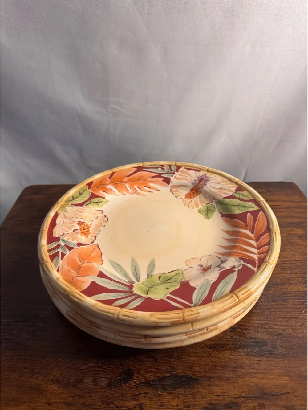 Home Trends Tropical Hibiscus Bamboo Rim Dinner Plates Set of 4